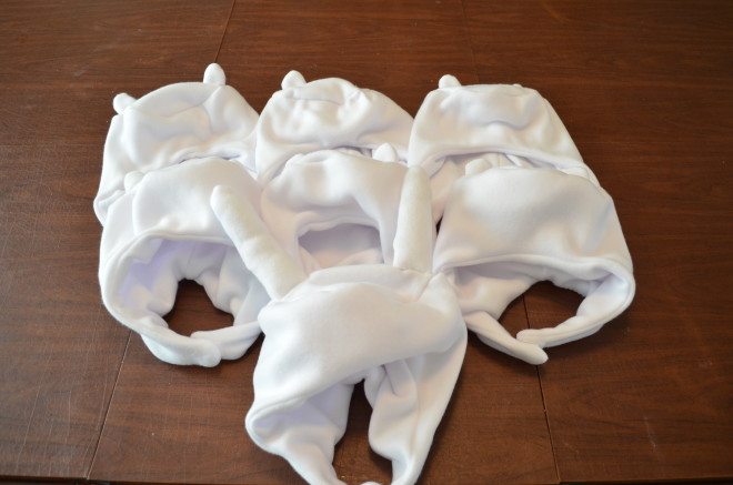 Six Finn and one Fionna hat for my youngest son's party guests. They are sized for adult heads, but seemed to fit the kids just fine. 