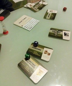 The tools we have available for the assassination.  The dice represent the number we have to roll in order for the tool to succeed in its part of the master plan. Image: Cathe Post