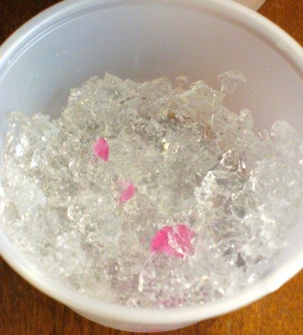 This is how the water beads looked after they had been in the freezer for a few days. One of our pink water beads accidentally also found its way in.