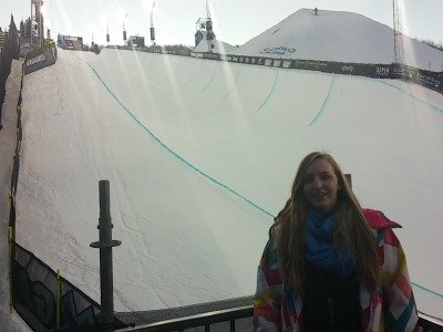 GeekMom Judy's daughter, standing at the edge of the Super Pipe during practice. Photo: Judy Berna