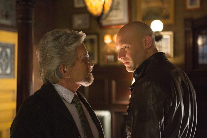 Marvel's Ant-Man L to R: Hank Pym (Michael Douglas) and Darren Cross (Corey Stoll) Photo Credit: Zade Rosenthal © Marvel 2014
