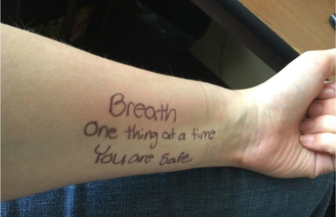 You can usually tell what kind of day I'm having by the messages I write to myself on my arm. Image: Dakster Sullivan