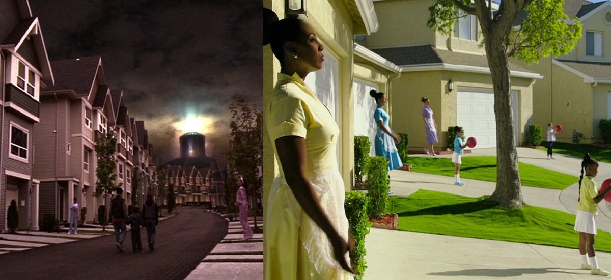 Screenshots of the protagonists arrival on a suburban street on the fallen planet of Camazotz, from two different adaptations of A Wrinkle In Time