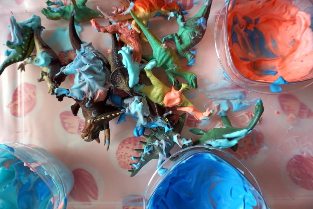 Shaving cream car wash for dinosaurs. Project from 150+ Screen-Free Activities for Kids. Photo by Jackie Reeve. 