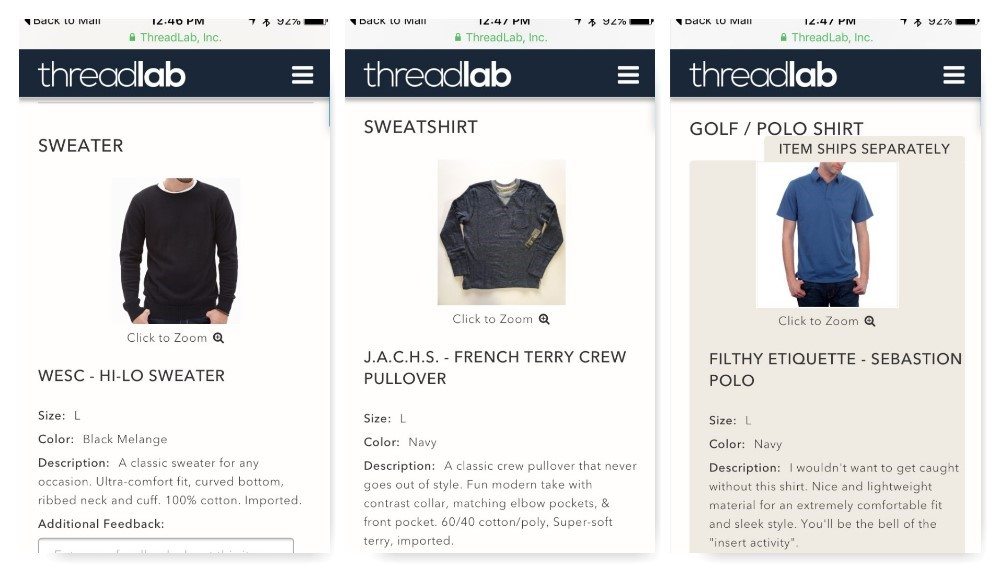 A sample of items chosen for my husband's first ThreadLab box. This was the preview message.