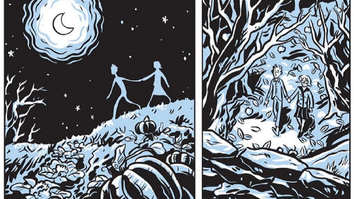 Two panels show silhouettes walking hand in hand in the moonlight, then in an autumn wood.