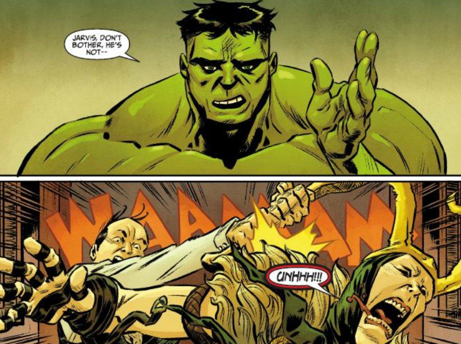 Two panels: Hulk speaking, and a white man hitting Loki with a frying pan