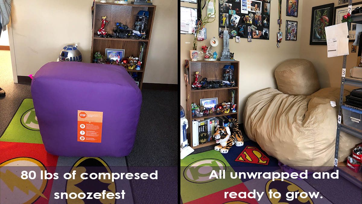 Left: How the Gigantor and matching ottoman were shipped. Right: Unpacked and ready to grow. \ Image: Dakster Sullivan