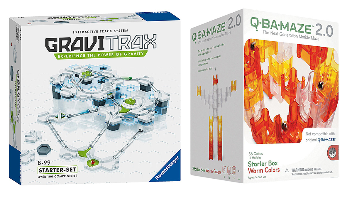 Gravitrax Vs. Q-Ba-Maze, Images: Ravensburger and Mindware