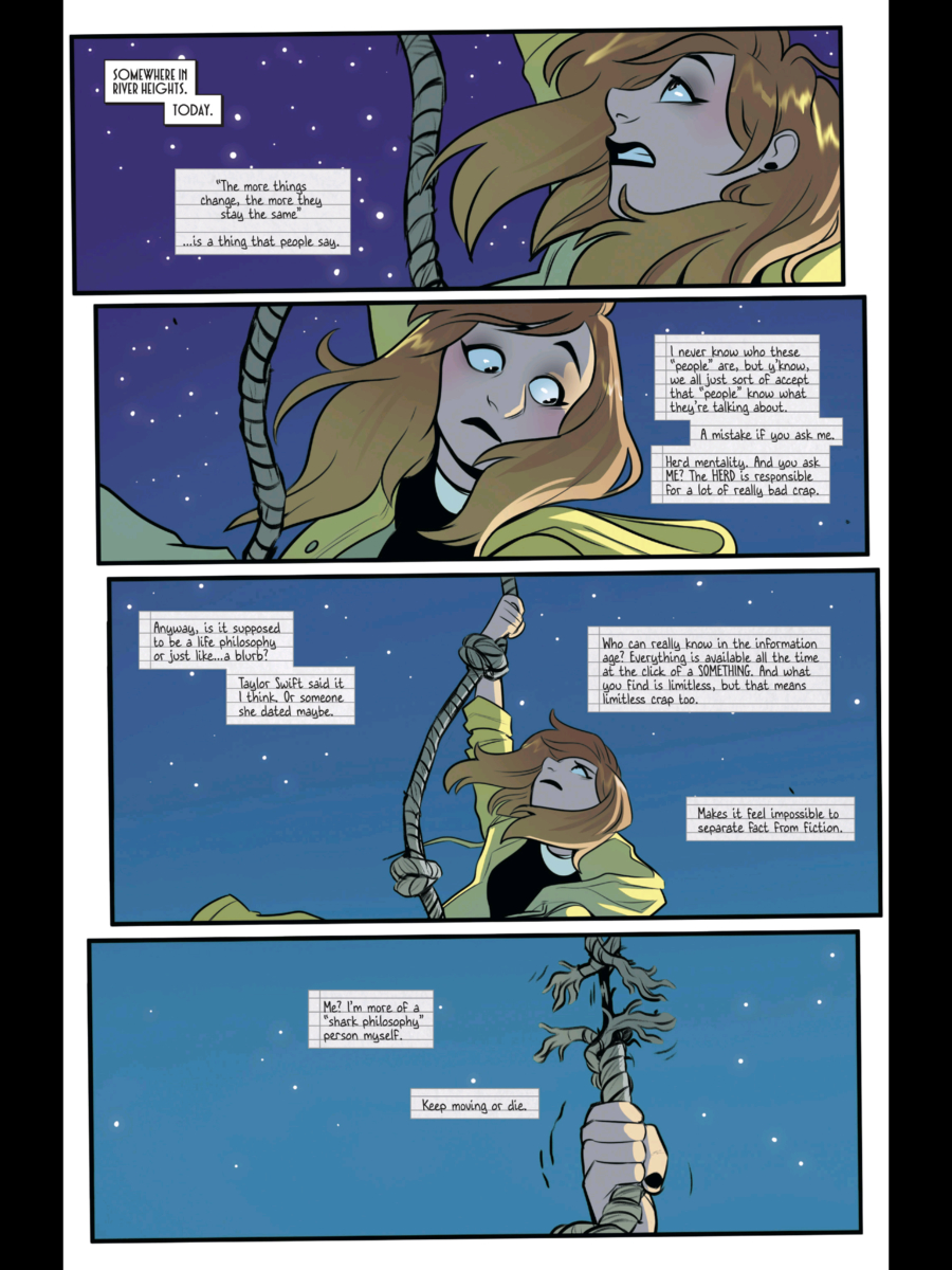 Several panels creating perspective as Nancy hangs from a rope. 