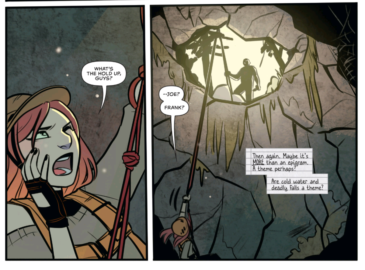 Nancy Drew descending into a cave by a rope with a sinister figure at the top