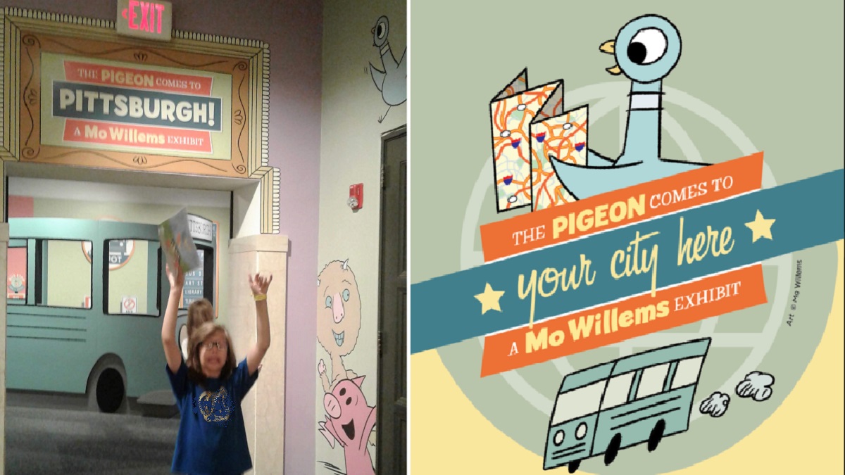 Entrance to the "Pigeon Comes to Pittsburgh" exhibit with an enthusiastic 11yo in front; customizable logo "The Pigeon Comes to *Your City Here*, a Mo Willems Exhibit" designed by Mo Willems and the Children's Museum of Pittsburgh