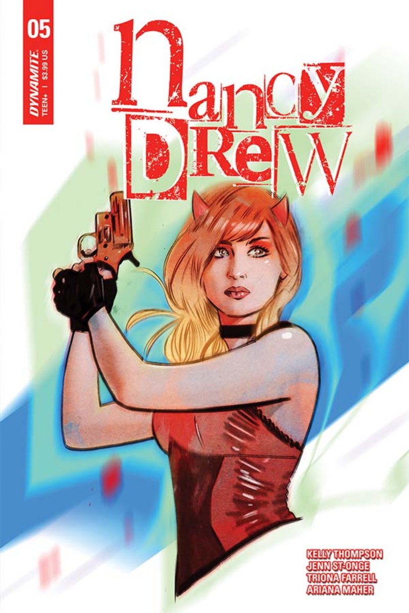Cover of Nancy Drew #5, shows Nancy in a red and black dress, holding up a flare gun