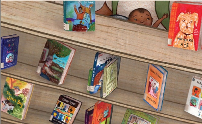 painting of a library display of picture books, each one a replica of a real book