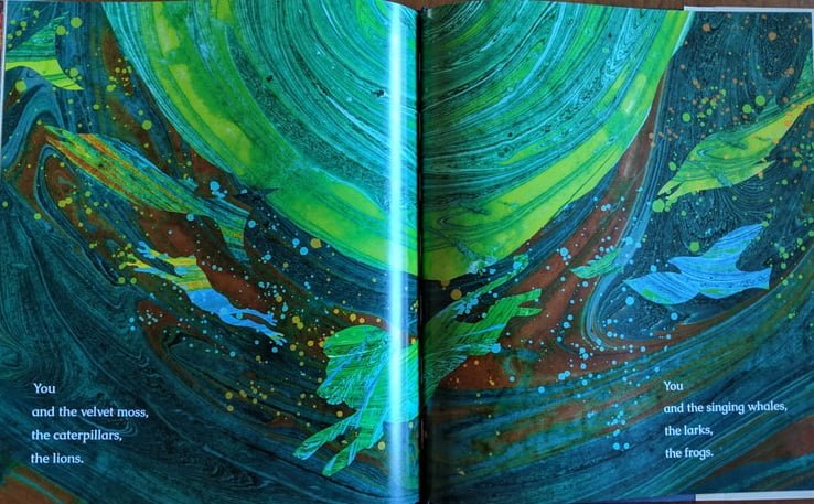 Swirly oil painting, colorful silhouettes of animals dancing around a planet