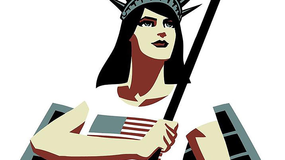 White woman with long black hair in a white t-shirt with an American flag holds a flag pole