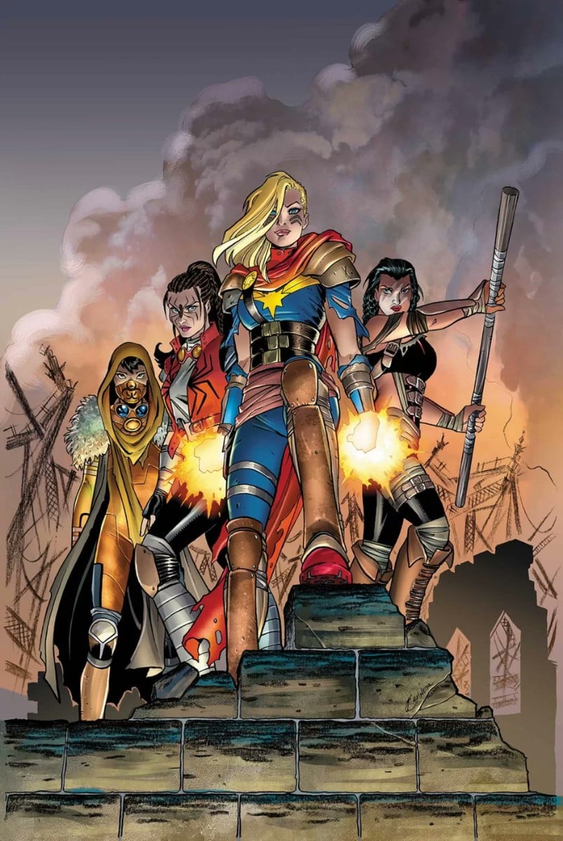Captain Marvel stands at the center front of a group of female superheroes