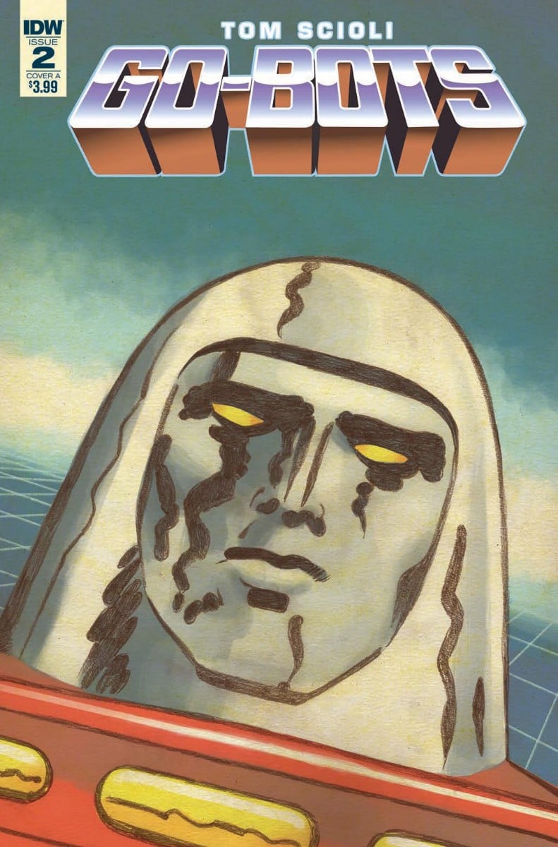 A white robotic head rises out of water