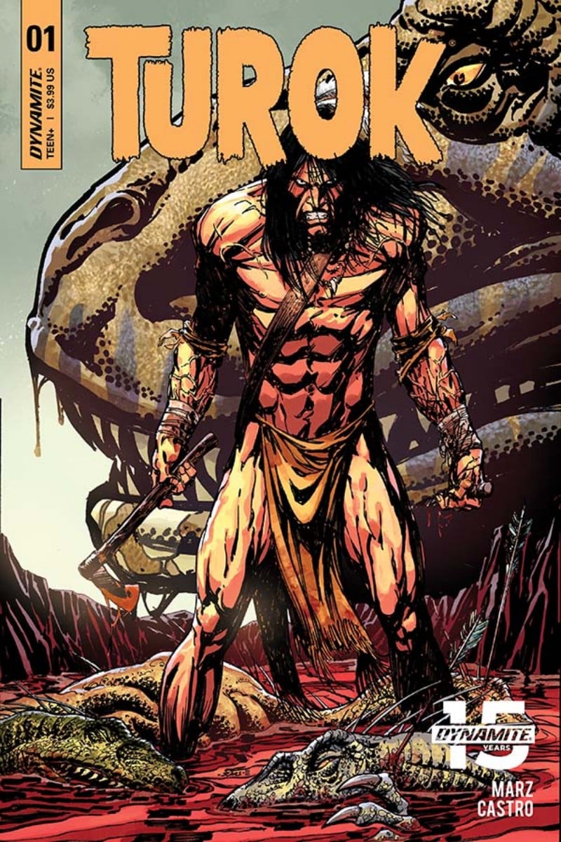 A muscled man faces the reader with the head of a beast behind him