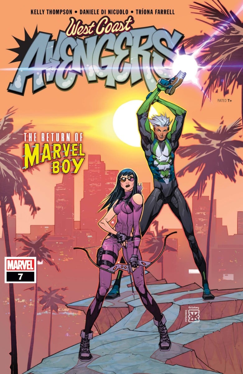 Kate Bishop stands in purple behind Marvel Boy in green-and white