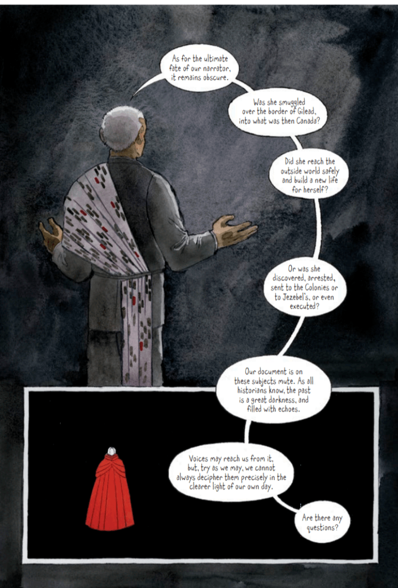 A man lectures about the period of Gilead; a small handmaid's figure is in the bottom left corner