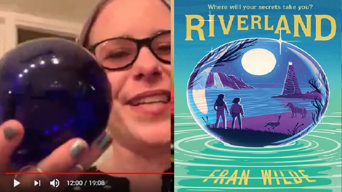 Fran Wilde holds a blue glass ball, screenshot from the interview in the post; the cover of Riverland