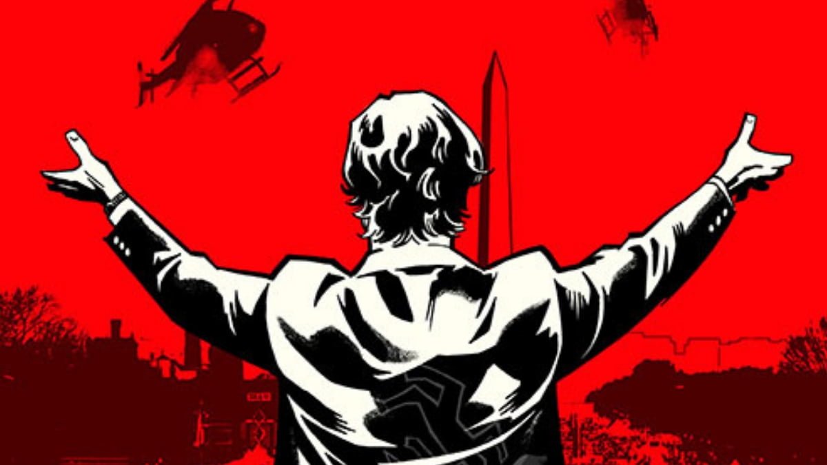 black and white illustration of a man's back with his arms raised on a red background