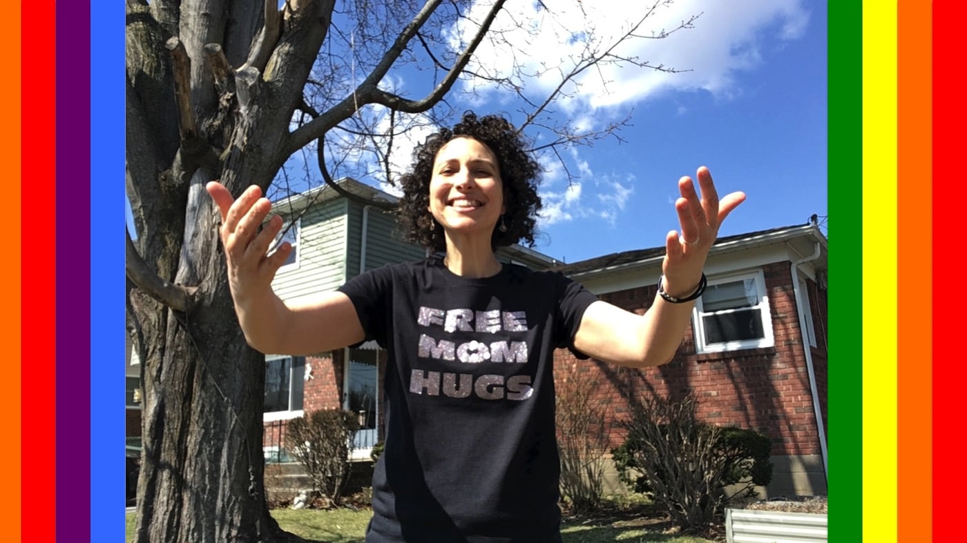 Free Mom Hugs t-shirt modeled