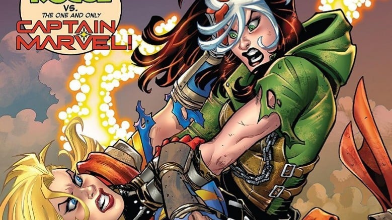 Carol Danvers and Rogue Fight on the Amanda Conners Cover