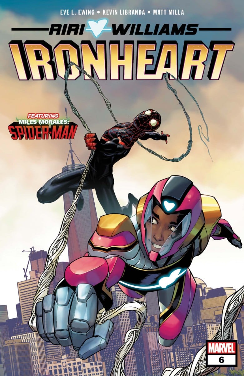 Ironheart and Spider-Man chase each other through the New York skyline