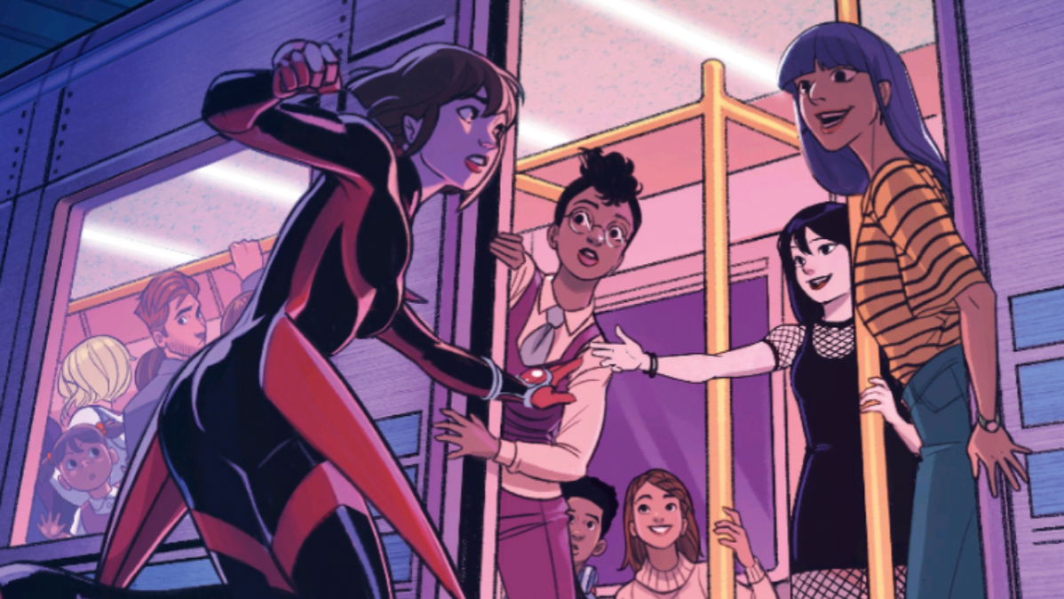 Three girls on a subway train, one running to catch it