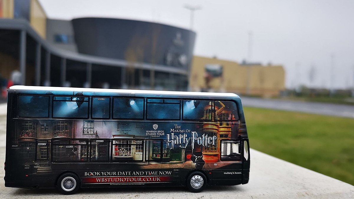 Corgi Warner Bros. Studio Shuttle Bus Model outside the Studio Tour, Image: Luke Austin