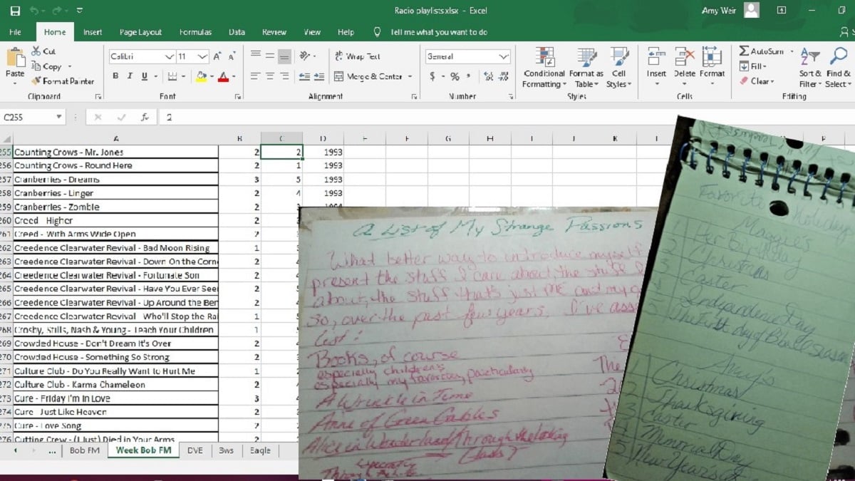 Collage of three lists: a "Radio Playlist" spreadsheet, a "My Strange Passions" in a book, a "Top 5 Holidays" in a small notebook
