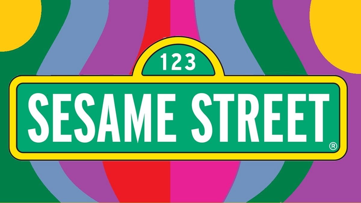 Sesame Street logo on psychedelic rainbow background