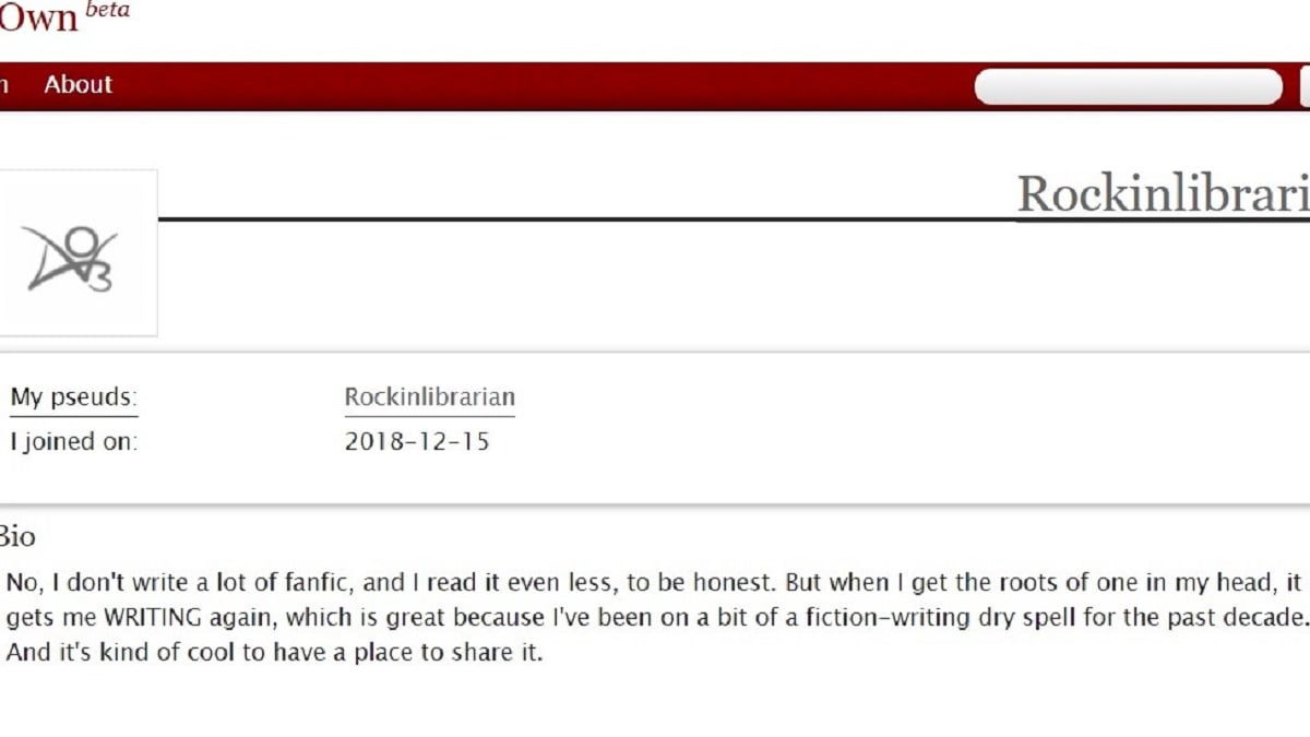 The author's profile page on Archive of Our Own, with a bio that is basically the same as the synopsis of this article