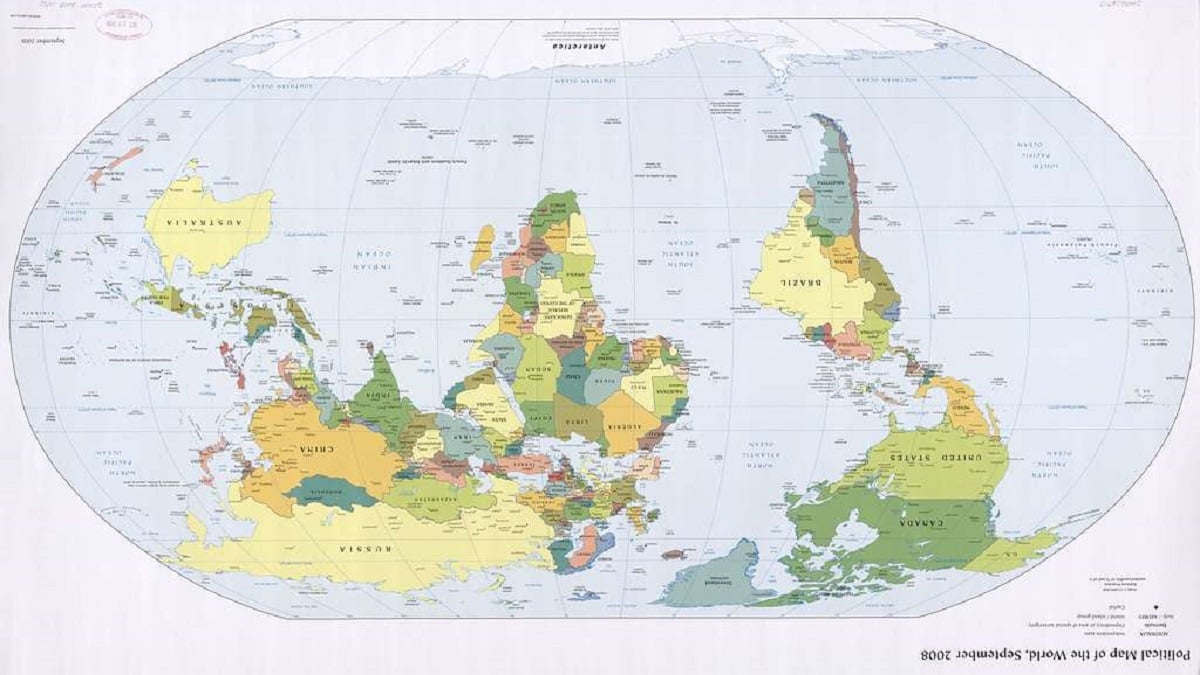 Map of the world with South at the top