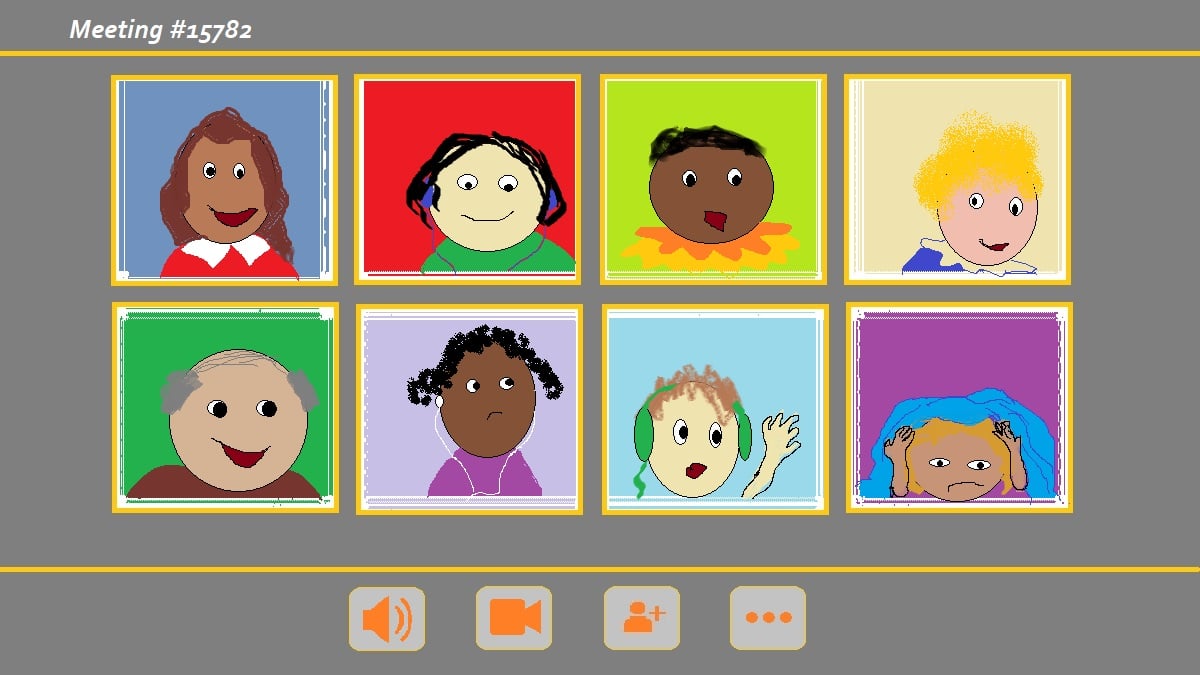 cartoon drawing of a video conference screen. One participant is hiding under a blanket