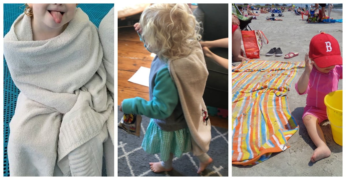 Kid wrapped in towel, kid wearing towel as cape, towel next to kid at the beach