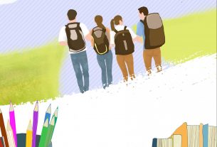 four teens in backpacks with books in foreground
