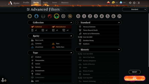 Magic the Gathering Arena Search Option