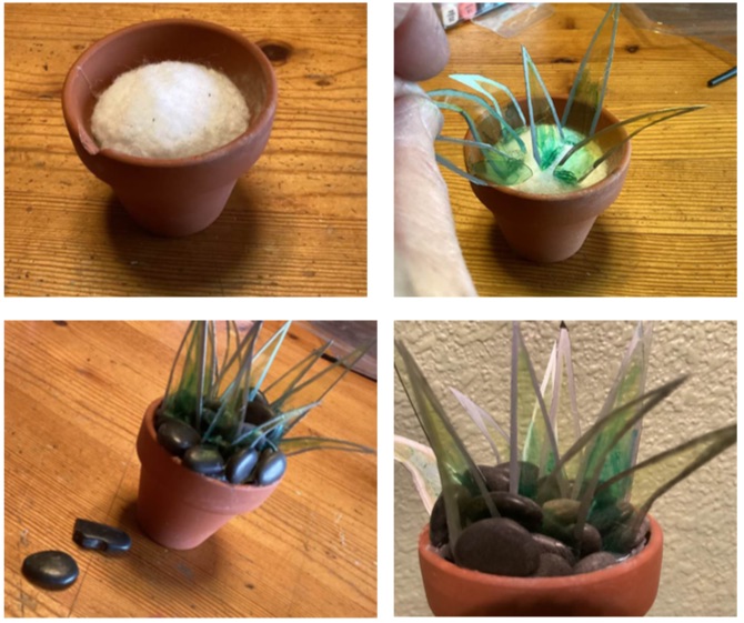 Fill you pot with some cotton or polyfiberfill, and glue each "leaf" or plant piece on it separately. Glue on some small pebbles, sand or other surface cover, to make it look like a potted plant.